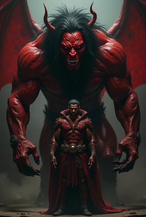 A scary blood red demon with muscles and long thick black hair and in front of him a handsome model man wearing a costume 