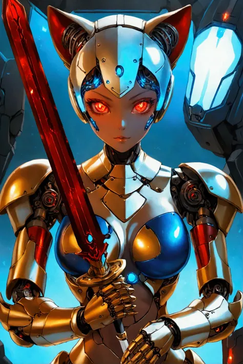  Female Robot ,  holding a sword , gold metallic skin,  wearing dark blue bikini armor, Cat ears,  skinhead,  red glowing eyes , Robot Face,  Robot Joints ,  big breasts,  Slim waist, Small Ass