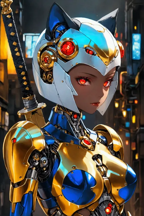  Female Robot ,  holding a sword , gold metallic skin,  wearing dark blue bikini armor, Cat ears,  skinhead,  red glowing eyes , Robot Face,  Robot Joints ,  big breasts,  Slim waist, Small Ass