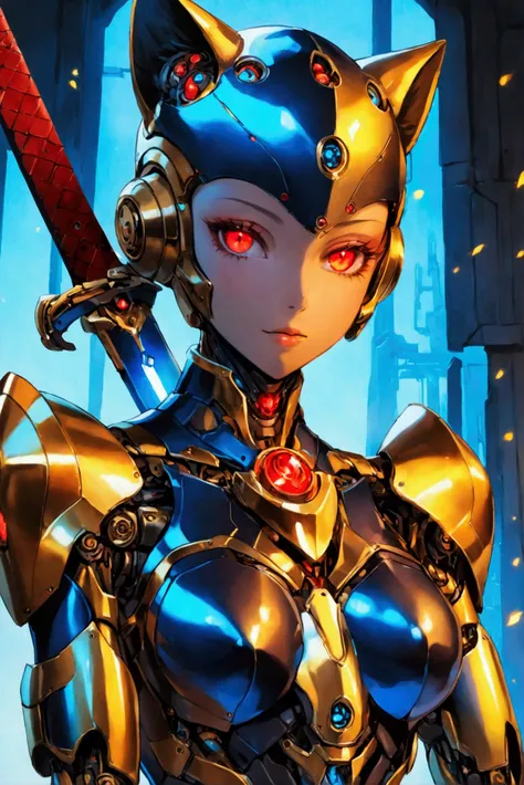  Female Robot ,  holding a sword , gold metallic skin,  wearing dark blue bikini armor, Cat ears,  skinhead,  red glowing eyes , Robot Face,  Robot Joints ,  big breasts,  Slim waist, Small Ass