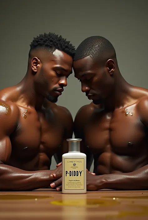 2 men ,  shirtless , Rub yourself with oil ,  in front of the men is a bottle ,  on the bottle is written p diddy 