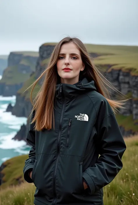 make her wear the north face clothes. details, make it realistic, Faroe Islands scenery. keep the hair color in the photo.