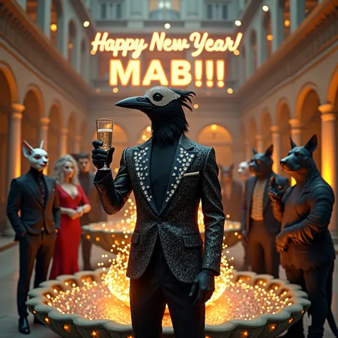 Dynamic pose, Muscular, handsome, anthropomorphic crow donned in black suit covered in diamonds. Wearing an intricate diamond masquerade mask. He dazzles the eye as he tips a glass in toast. Looking in to camera. The phrase "Happy New Year MAB!!!" In large...