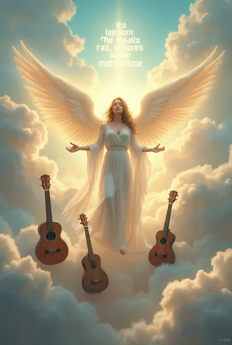 Make an image where an angel woman is in the sky 
 This one with a guitar a mandolin and a ukulele, And a biblical phrase