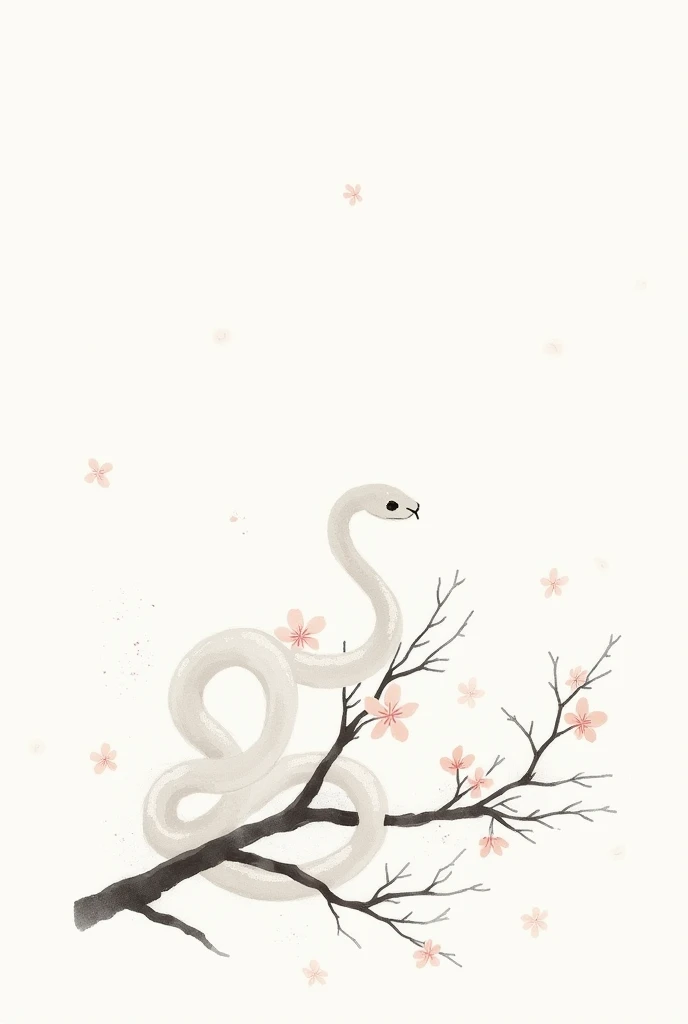 
A minimalistic Japanese ink painting of a white snake coiling gracefully around a blooming branch of cherry blossoms. The snakes body is depicted in soft, subtle outlines with minimal shading to emphasize its white color against the monochromatic ink styl...