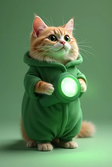 Create a cat dressed as a green flashlight 