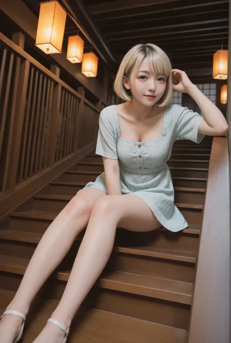 A very cute 20-year-old young woman from Japan, sitting in the middle of the historic stone staircase of Sannenzaka in Kyoto.
She is posed in a relaxed style, with her knees bent outward, leaning forward slightly, and her arms resting casually between her ...