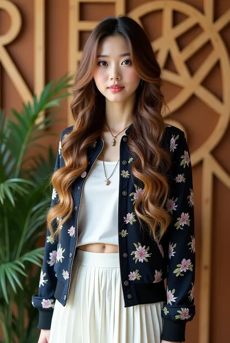 A Korean little chubby woman with a confident mysterious  expression, her long brown wave hair highlighted with blonde, wearing a dark floral varsity jacket paired with a white top and a pleated white skirt. necklace ,Her long wave hairstyle falls neatly. ...