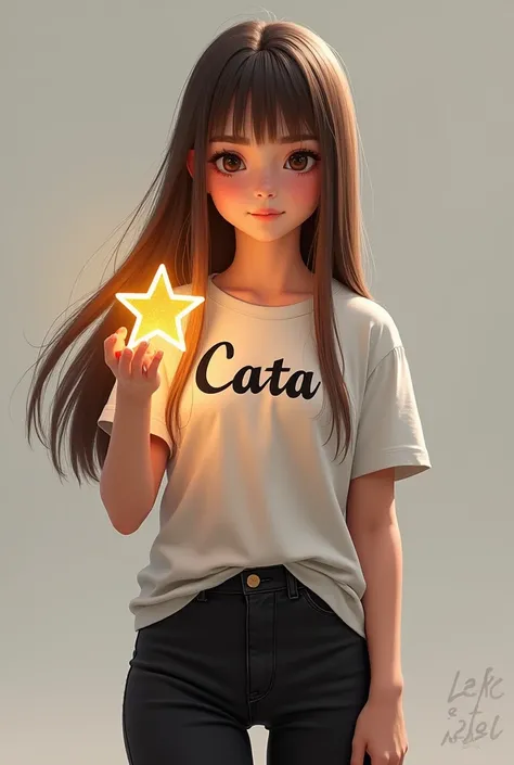  Girl with long straight brown hair with brown eyes with a t-shirt with the name cata,with black pants with red shoes with a star in her hand 