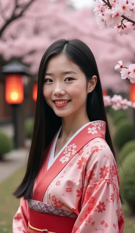 "An exuberant 18-year-old woman from Japan, with delicate features, straight black hair, wearing an elegant kimono decorated with cherry blossoms, in a traditional Japanese garden with lanterns and sakura trees."
