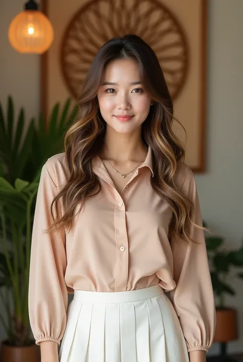 A Korean little chubby woman with a confident  expression, her long brown hair highlighted with blonde, wearing sabrina blouse and a pleated white skirt. necklace ,Her long wave hairstyle falls neatly. The background features a warm ambiance with artistic ...