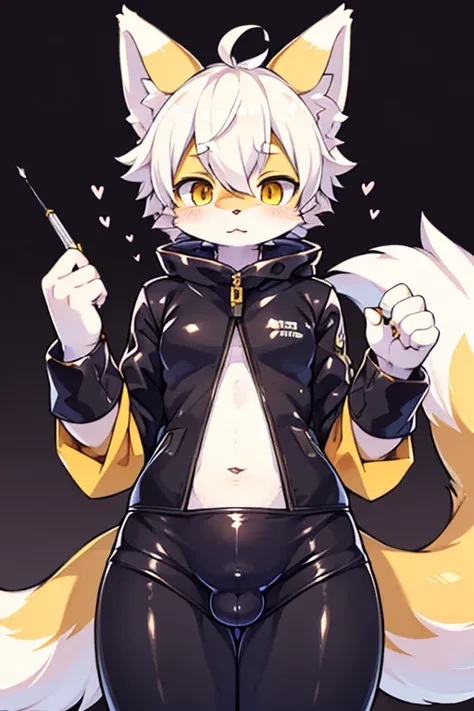 (kemono, furry anthro)
furry fox White body, yellow eyes, Knot dick, penis, wears latex clothing, is a man, cute, tall, Cumming, latex, timid, Horny, Thin body, 