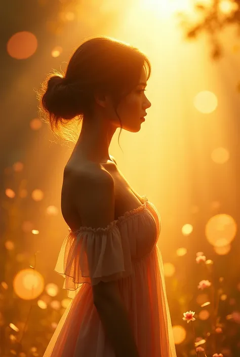  soft golden light on a quiet morning ,  with vibrant bokeh balls gently framing her delicate shape .