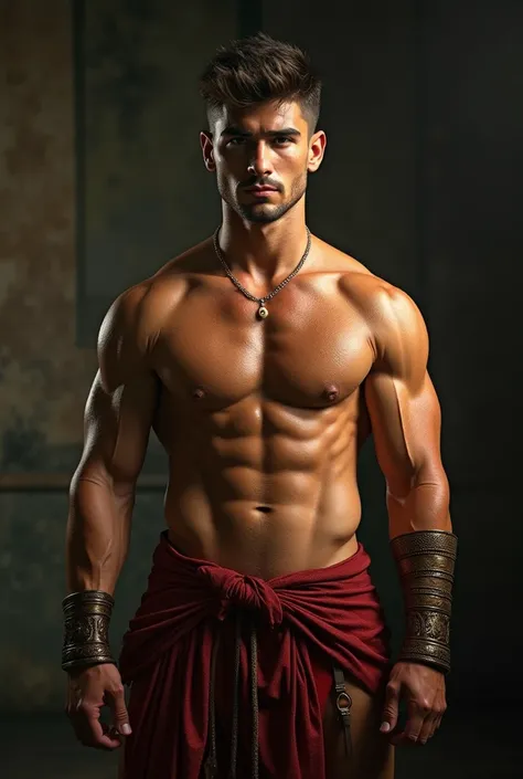  athletic and masculine roman boy, shirtless, handsome, 185 cm, detailed muscular body, chiseled facial features, piercing eyes, strong jawline, wet sweaty skin, golden skin tone, dramatic lighting, cinematic pose, highly detailed, photorealistic, 8k, awar...