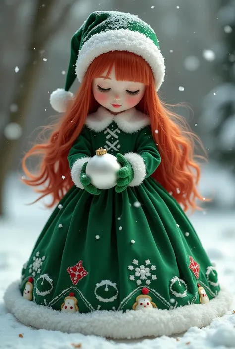 Natti Natasha , Long straight hair fire red ,
 eyes closed wears Christmas dress skirt
green and white plush green Christmas hat
inlaid with white flowers ,  gloves a
Striped green and white velvet lifts their
Hands to pick up white Christmas balls
shroude...