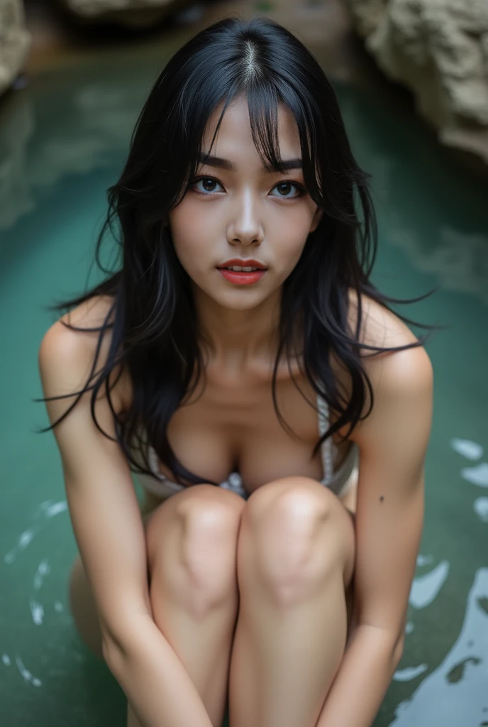 40yo Asian girl, sexy, seductive, pretty, beautiful, straight black hair, pretty, makeup, candid style photo, realistic photo, photo realistic effects, full body, crossed legs, long legs, black layered dress, bare feet:1, pink lipstick:1, closeup, one eye ...