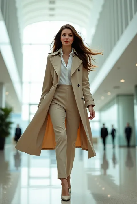 Bussines woman with ultra long brown hair walking in her big holding with long beige jacket