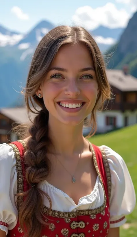 "An exuberant 18-year-old woman from Switzerland, with light brown hair, green eyes, and soft European features, dressed in traditional Swiss attire, in a mountainous setting with chalets and the Alps."