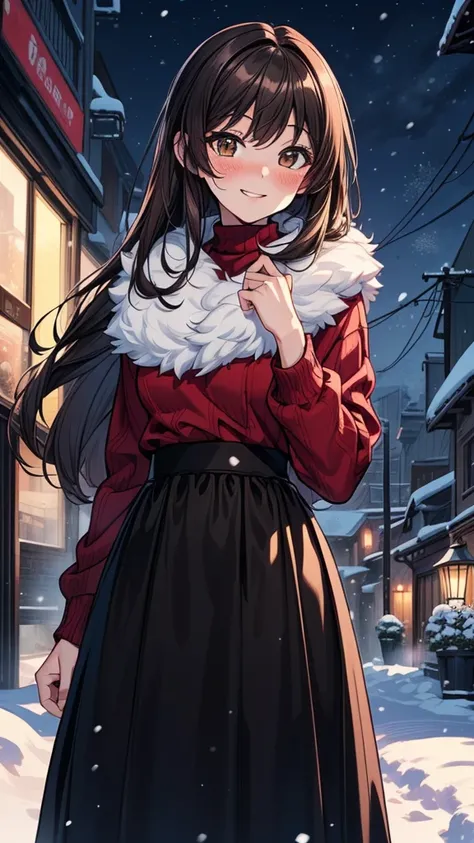 ((masterpiece, best quality:1.3, high detail)), beautiful woman, smile, looking at viewer, long hair, (dark brown hair), solo focus, one person only, full-face blush, (red sweater, (long black skirt), (long skirt:1.6), boots, outdoors, (night sky, snow, sn...