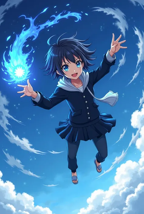 anime character with blue eyes flying through the air, flying anime esper, otaku gangasta, okata kazuto, 2 d anime style, inspired by Okumura Masanobu, key anime art, kirito, inspired by Okumura Togyu, hq artwork, 2 d anime, epic anime style, hana yata, an...