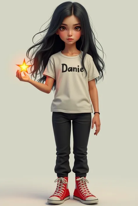 Girl with long black hair straight brown eyes wearing a t-shirt with the name Danie ,with black pants with red shoes with a star in her hand 