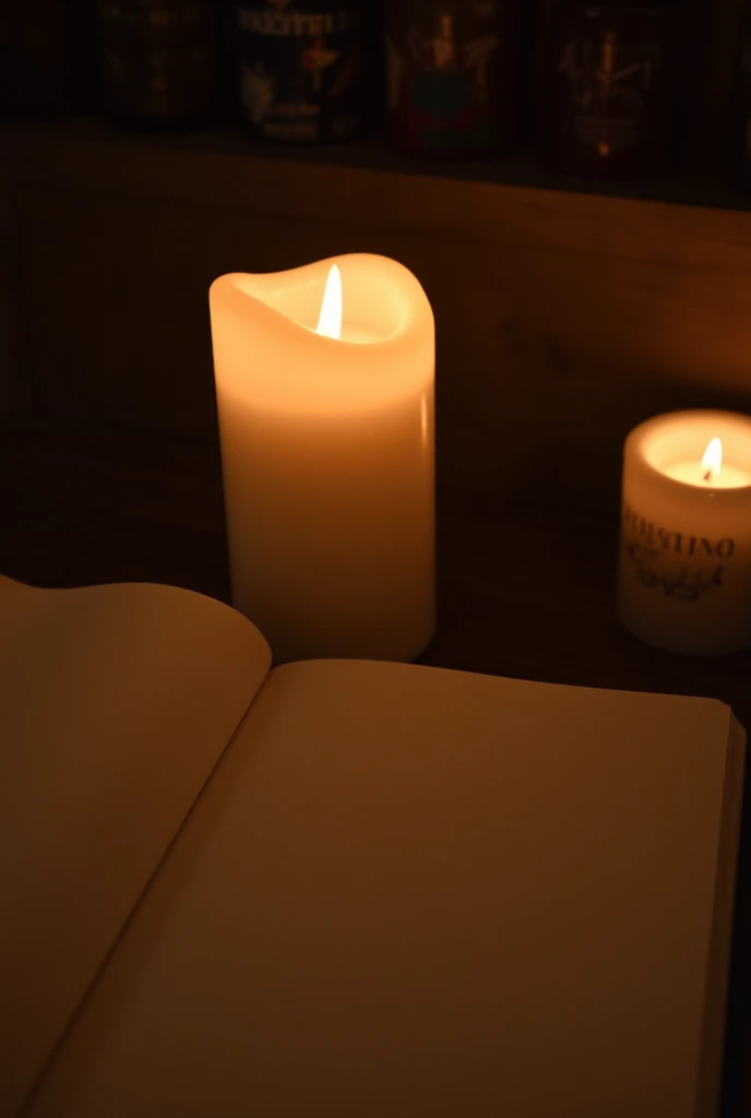 a picture of a candle with a blank book on the side