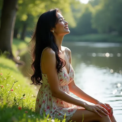  She sits on the grassy riverbank, sunlight filtering through the trees, casting a soft glow on her skin. Her long black hair cascades over her shoulders, framing her delicate features. A gentle breeze ruffles her floral sundress, hugging her curves. She e...