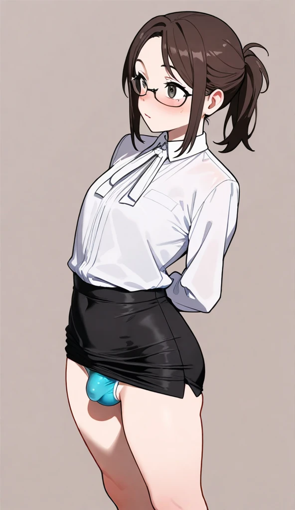 futa, secretary, white blouse, black skirt, standing, small bulge, simple background