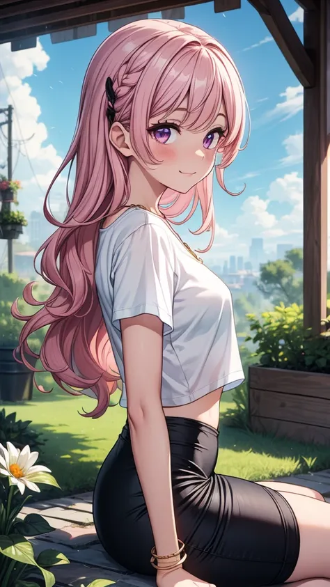 ((masterpiece, best quality:1.3, high detail)), beautiful woman (leaning to the side), view from the side, from side, smile, long wavy hair, (pink hair), hairpin, bright purple eyes, light blush, ((white t-shirt v-neck)), (long black midi pencil (skirt)), ...