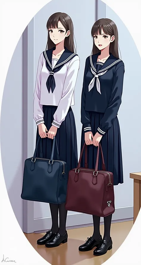 two girls in  school uniforms holding bags and standing in a room, Seifuku, japanese  school uniform, magic  school uniform, dlc, Puella Magi uniform, wearing japanese  school uniform,  school uniform, japanese girl  school uniform,  Kantai Collection Styl...