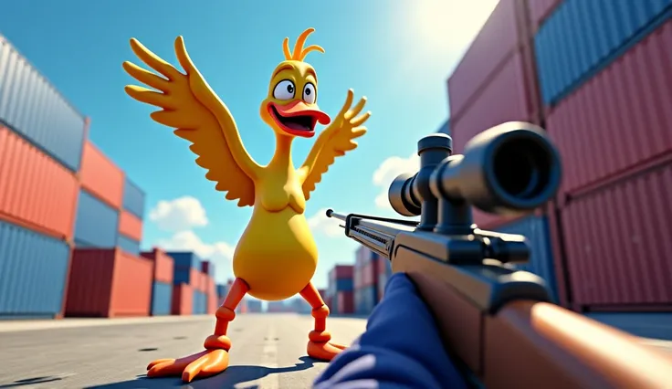 The Duckman from Fortnite raises his wings in horror, as if he gives up, Ill take a crossbow out of under the camera like a first-person shooter,the background of port shipping containers , in cartoon style