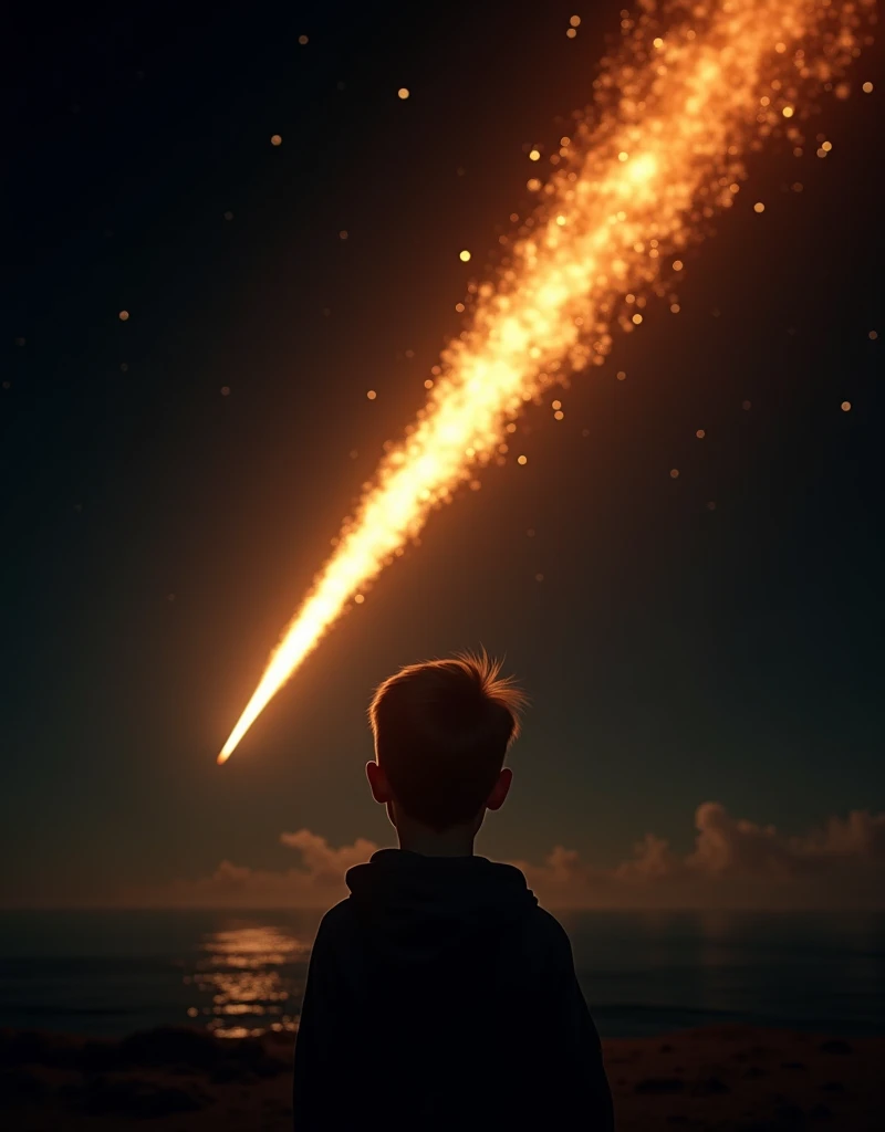 A boy in dark watching a meteor forwarding towards him