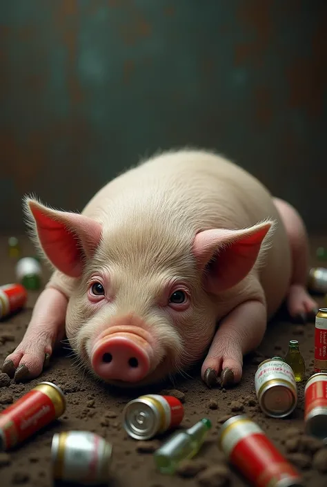 Drunk pig with dizzy eyes lying on mud surrounded by empty beer cans and bottles