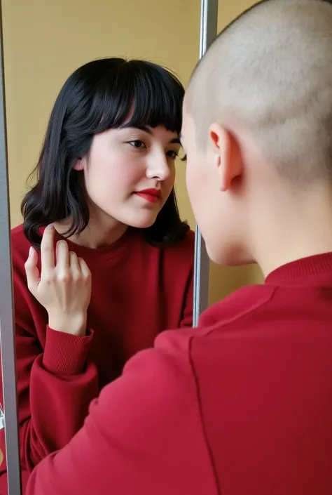 Seeing a woman from side, she is a ( bald completely shaved bald), she has crimson red lipstick and wearing a sweatshirt. (She is looking at her reflection in a mirror). ((Her reflection is her with long dark hair and bangs)). Both views of the woman are i...