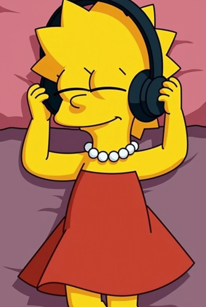  seen from above;   illustration of the character Lisa Simpson with her eyes closed, using black headphones, lying down.  She is wearing her traditional pearl necklace ,  as well as her red dress and shoes .  His expression is calm and relaxed  ,  suggesti...