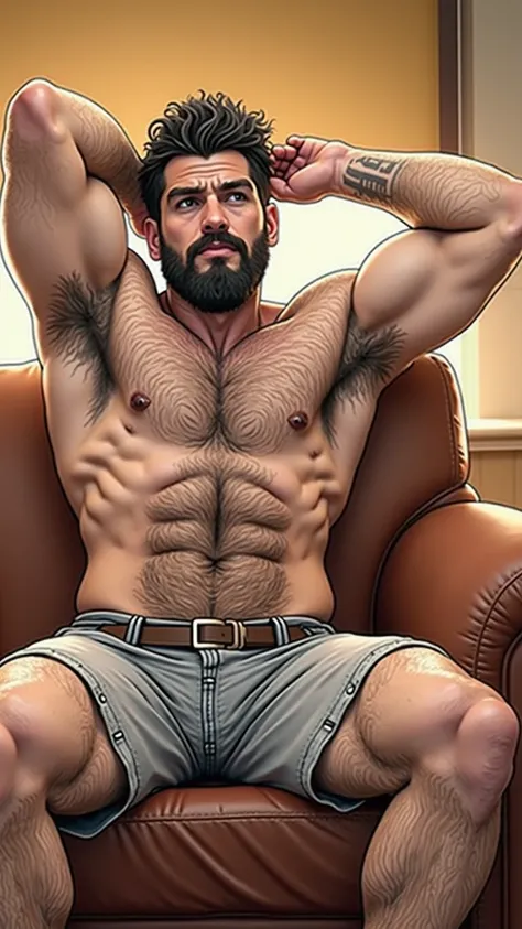 a handsome and manly 27 year old man of Greek origin ,  sitting on a couch with his arms behind his head, hairy chest, hairy chest and  hairy body, hairy chest, bare hairy chest,  Gigachad Muscular ,  hairy body, Hairy torso, hairy bodies,  medium shot of ...