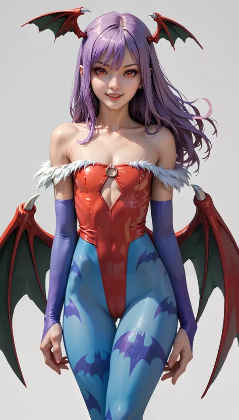 score_9, score_8_up, score_7_up, source_anime, long hair, head wings, aqua hair, green eyes, leotard, print legwear, pantyhose, elbow gloves, demon wings, flirting, lil1th 4ensland, purple hair, red eyes, head wings, bat wings, red leotard, bridal gauntlet...