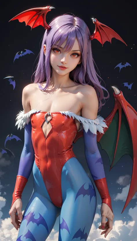 score_9, score_8_up, score_7_up, source_anime, long hair, head wings, aqua hair, green eyes, leotard, print legwear, pantyhose, elbow gloves, demon wings, flirting, lil1th 4ensland, purple hair, red eyes, head wings, bat wings, red leotard, bridal gauntlet...