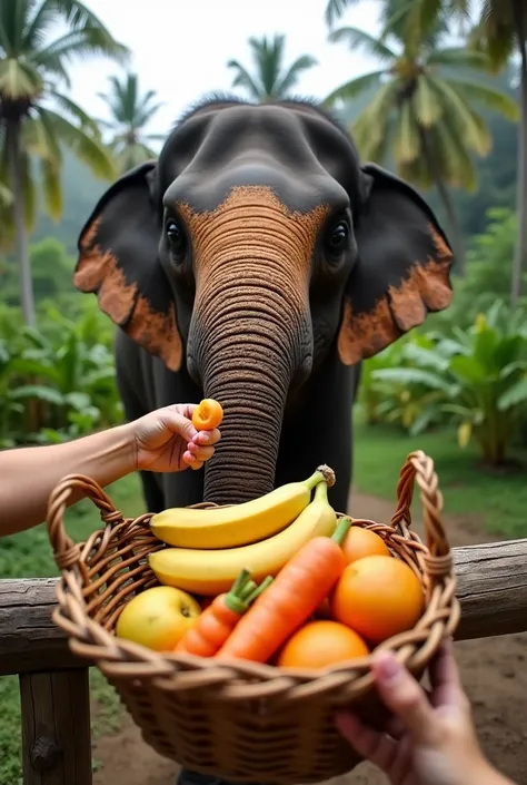  image shows an elephant extending its trunk over a wooden barrier towards.  The basket contains bananas , papayas , carrots.  There are visible human hands ,  one holding the basket and the other offering a piece of fruit to the elephant .  The background...