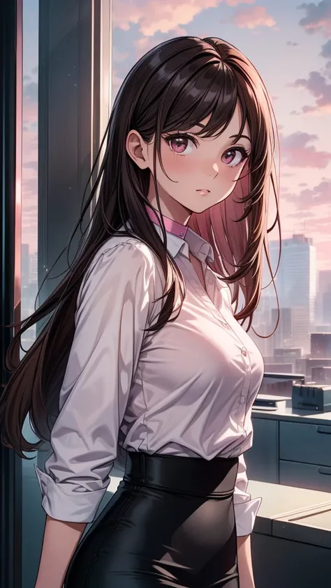 ((masterpiece, best quality:1.3, high detail)), beautiful business woman, facing forward, looking at viewer, long hair, (dark brown hair), solo focus, one person only, (pink collar shirt, (long black pencil (skirt)), outdoors, (cloudy sky), (upper body), c...