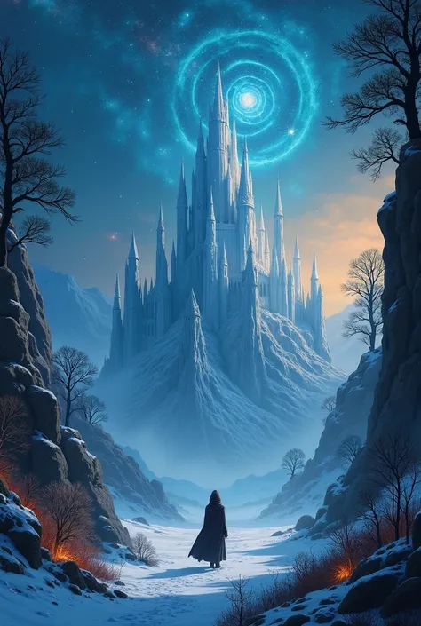 Create the cover of a fantasy book, Based on stars, a castle, ice and fire, forest.  That she is a hooded woman ,  the castle must be made of stone, and there must be ice .