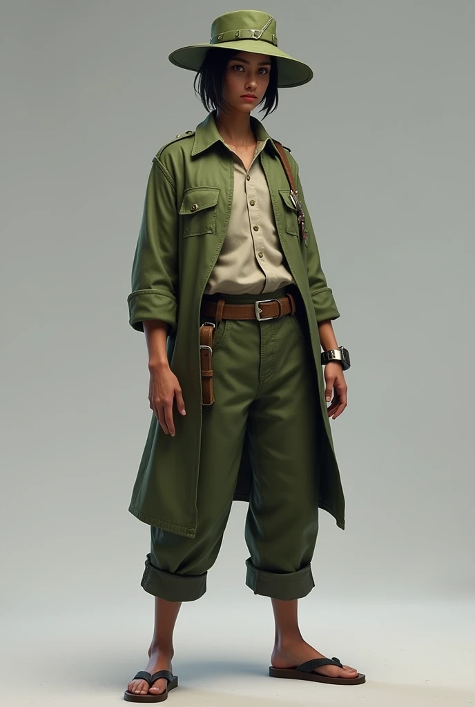 Free Fire character wearing a green military hat with a flow shirt with the surviving pants with a flip flop 