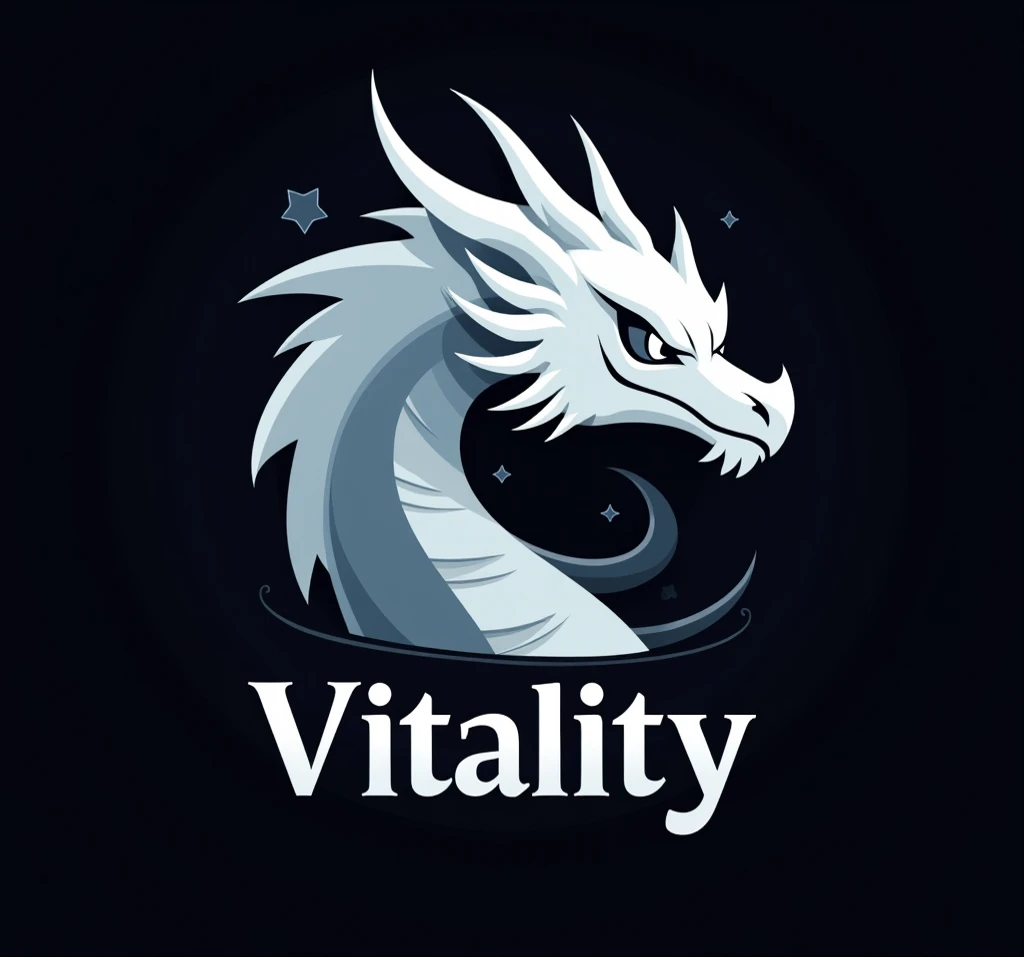 Create a logo with a dragon only with a white head animated clan style in the middle and below the letters Vitality in white and the black background