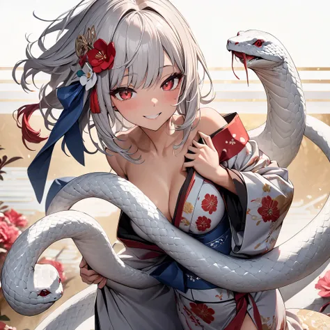  high res, masterpiece,High Quality ,  high detail,  High Definition Model ,  High Quality ,  very detailed,  1 girl with 1snake,(Silver Hair)medium hair, ((dark skin)),A kimono with open chest,red eyes,smile,new year background,Flower Hairpin, The snake i...