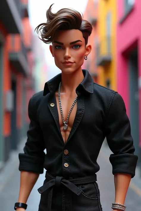 I want a male Bratz doll that has the features of a man who has short curly brown hair and a long sleeve black shirt tied