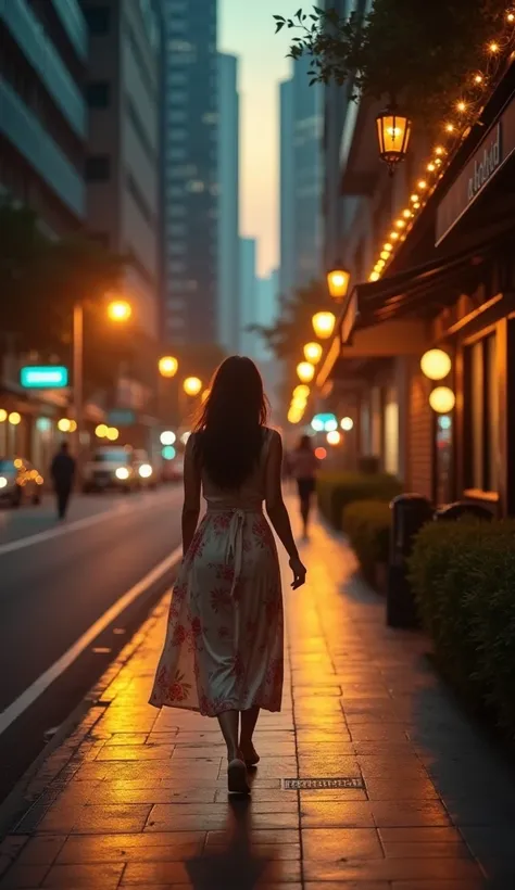  a woman is walking on a pedestrian sidewalk in Jakarta, suasana sore hari ulyg intim, with a running light , yg hangat,