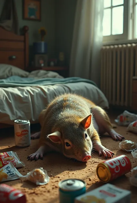 Squirrel dead from a dream lying on a human bed while a brown pig sleeps on the floor surrounded by cans and bags of fried foods