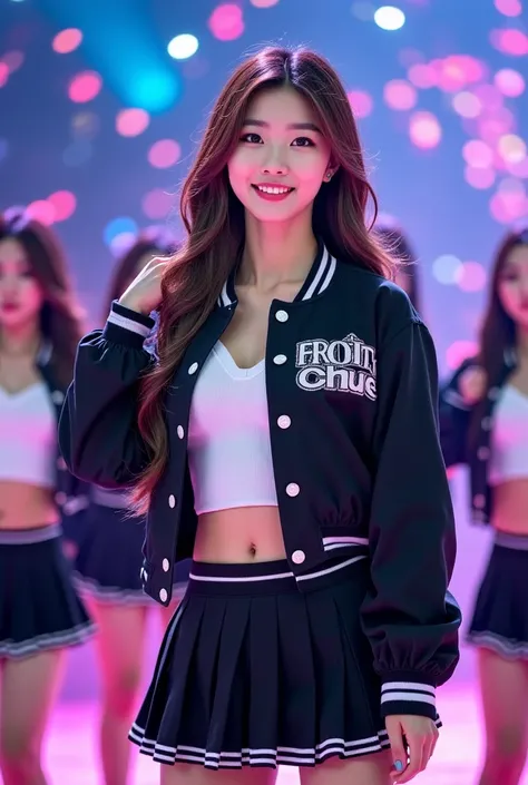  Beautiful posters of Korean idol cheerleaders, black college jacket written  "Poison" , a white cropped and a black ribbed skirt with white grips.paint, High resolution , Ultra-detailed,realistic:1.37, vivid colors ,HDR, studio lighting , sharp focus,
 Da...