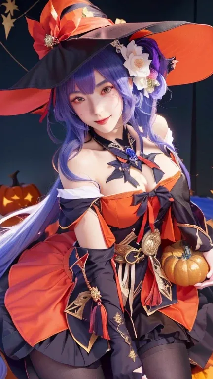 a close up of a person in a witch costume holding a pumpkin, ayaka genshin impact, onmyoji, ayaka game genshin impact, from the azur lane videogame, onmyoji portrait, onmyoji detailed art, azur lane style, characters from azur lane, flirty witch casting ma...