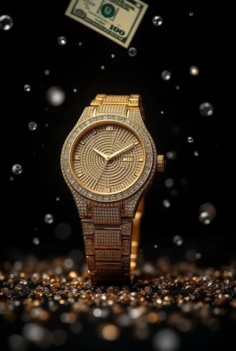 I want a seventy-seven gold with diamonds and back a black background with diamonds and that says gvbo seven seven and that it rains dollars without a watch
